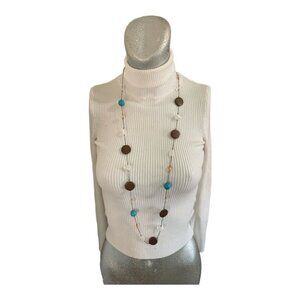 EXTRA long boho style necklace wood, turquoise color beads and clear crystal
